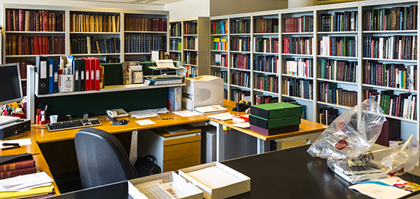 Philatelic office in the British Library. In the foreground in the white and green boxes is the collection of Discworld stamps.